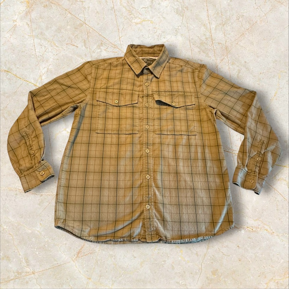 REI Co-op Plaid Button Down Shirt Mens Medium Tan Green Flannel Long Sleeve